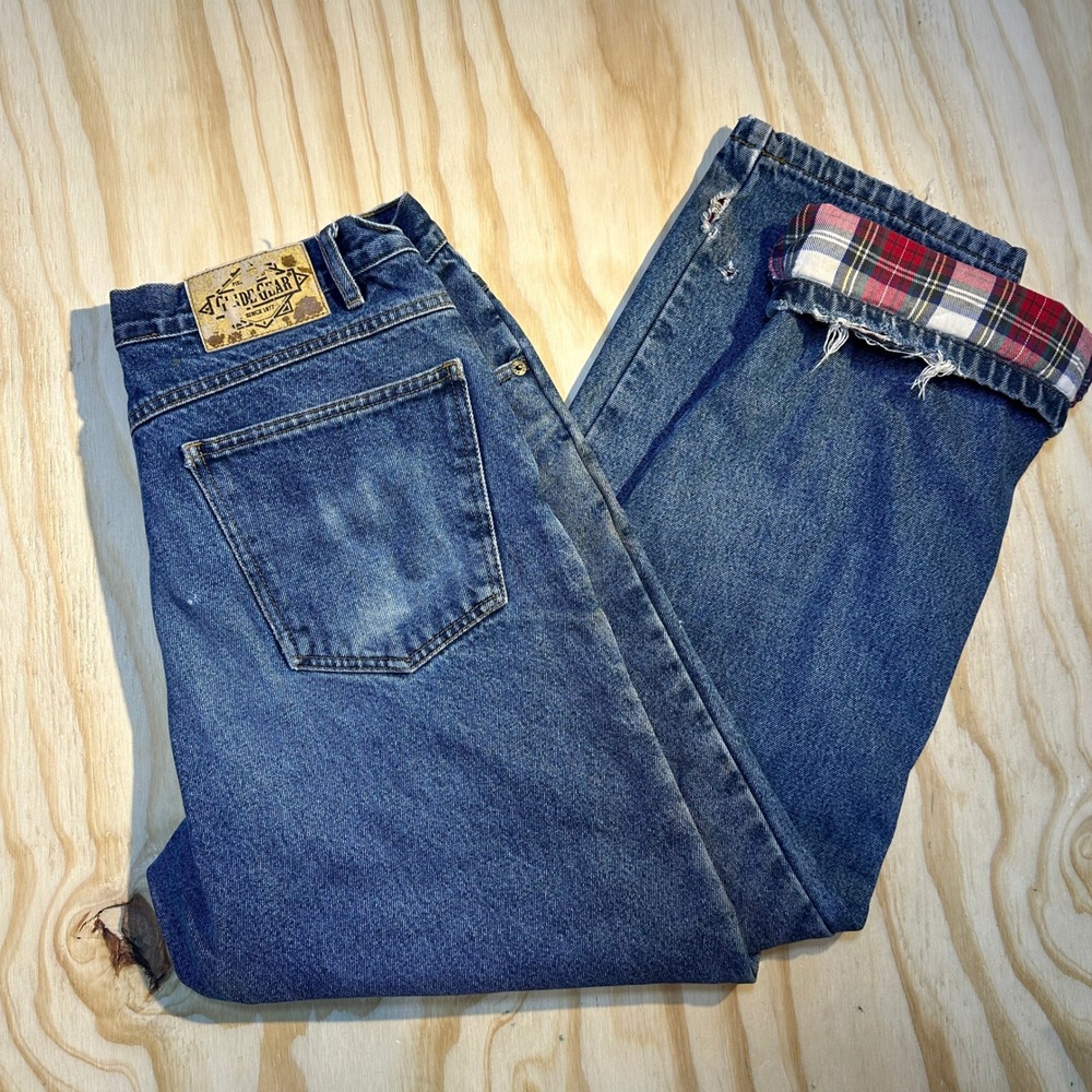 Guide Gear Mens 36x32 Flannel Lined Blue Distressed Work Jeans Plaid Lining